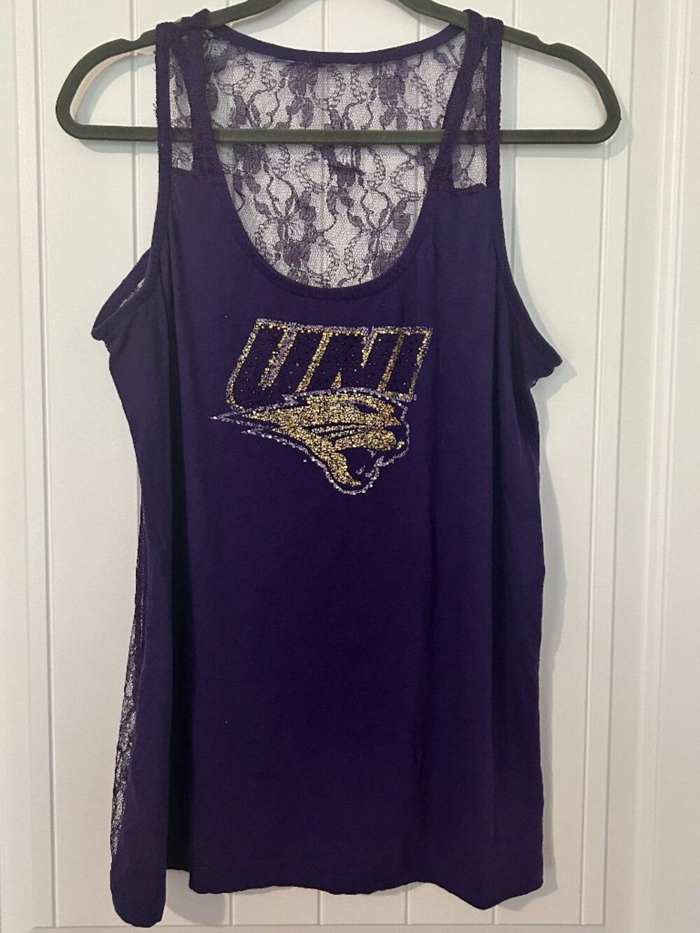 UNI Panthers Women Purple Lace Tank Top Fits Like L Northern Iowa Glitter